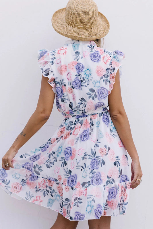 White Floral Ruffle Dress with Belt