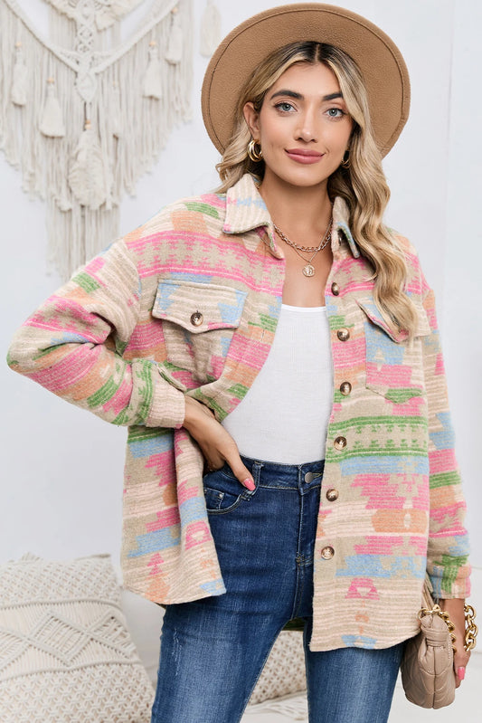 Multicolored Button Up Aztec Jacket