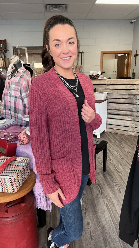 Wine Colored Ribbed Cardigan