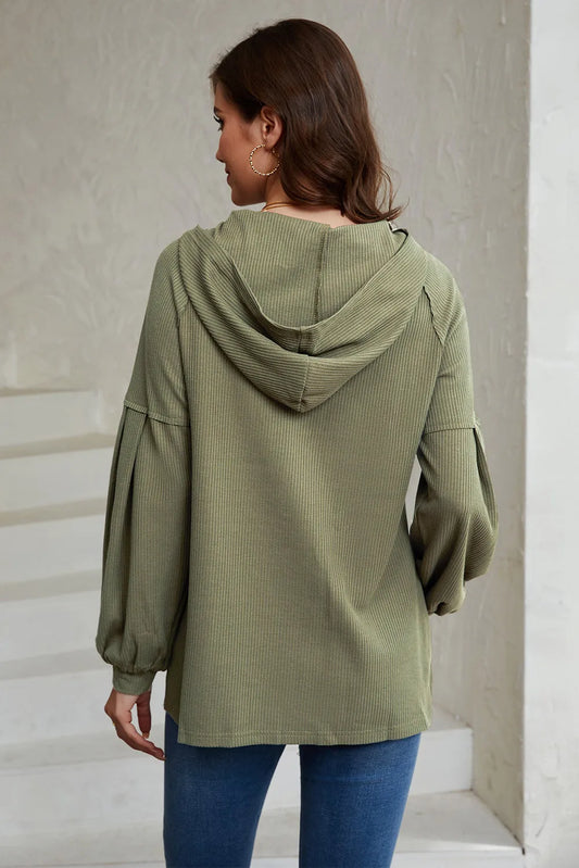 Green Waffle Knit Hooded Pullover Top