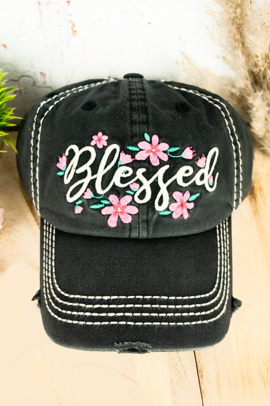 Distressed Black 'Blessed' Floral Cap