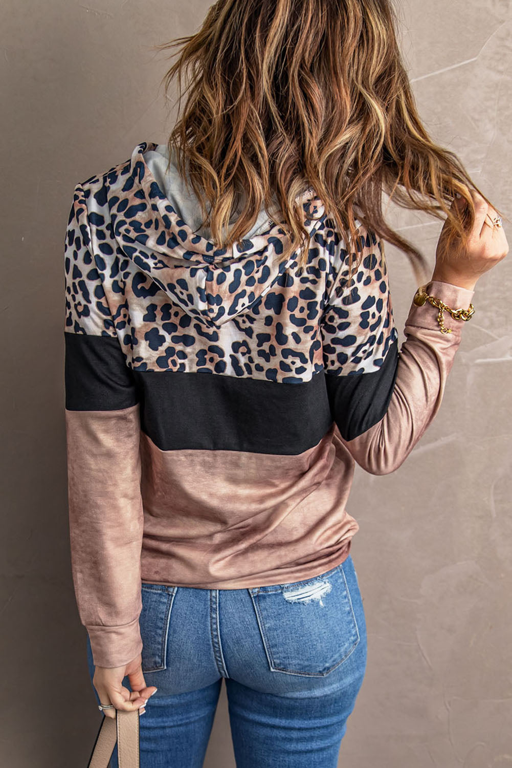 Pink and Leopard Color Block Hoodie