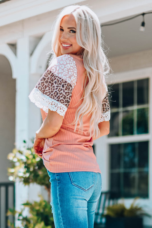 Pink Leopard and Lace Rib-Knit Top