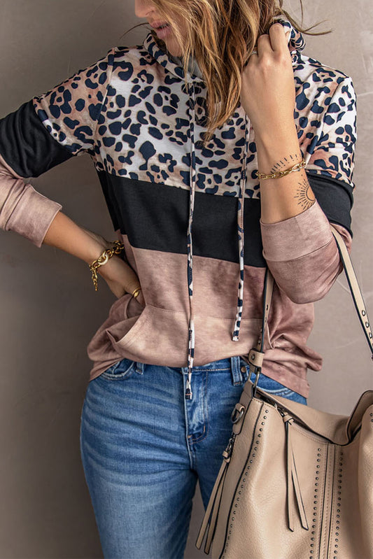 Pink and Leopard Color Block Hoodie
