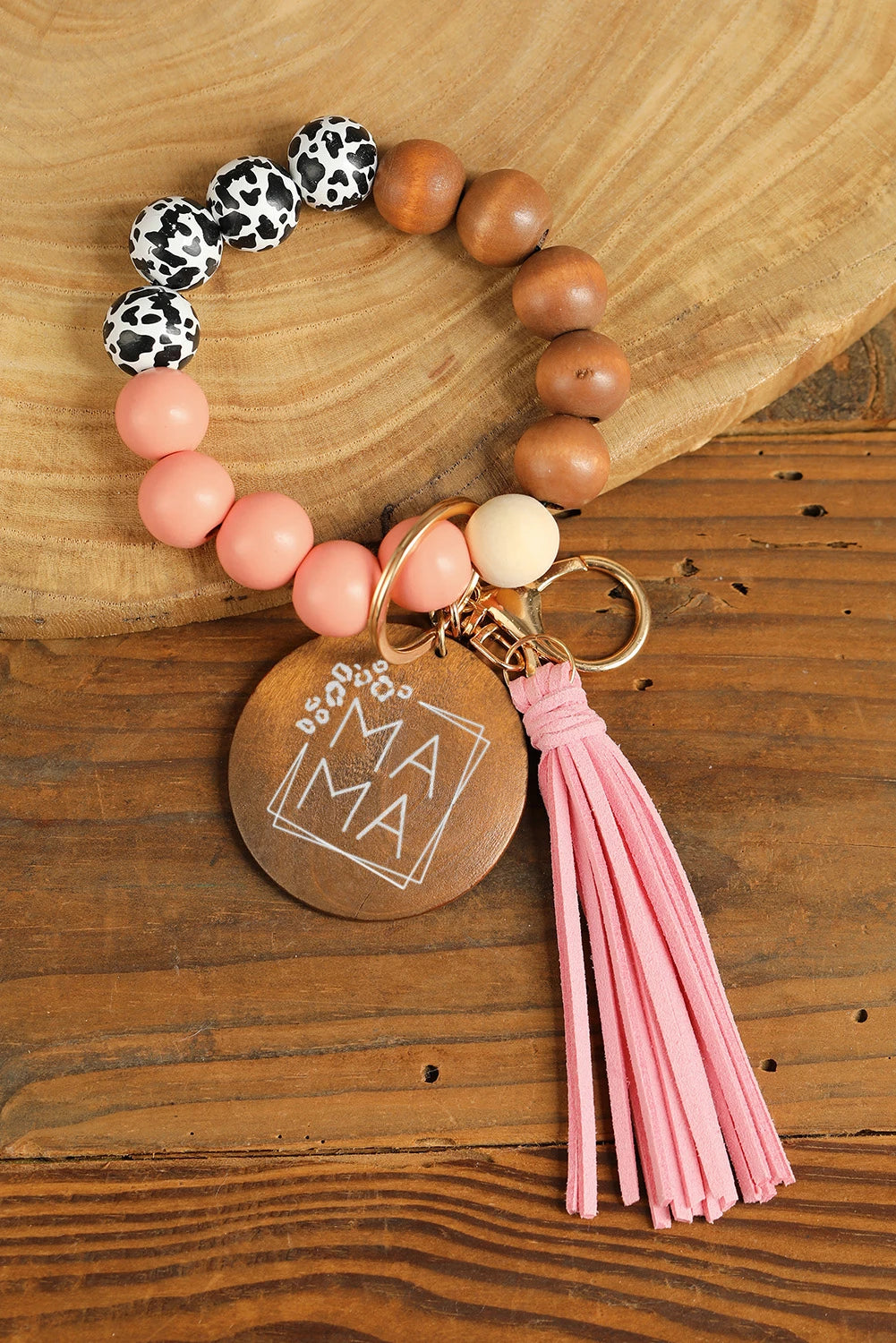 Pink MAMA Wooden Bead Keychain with Tassel