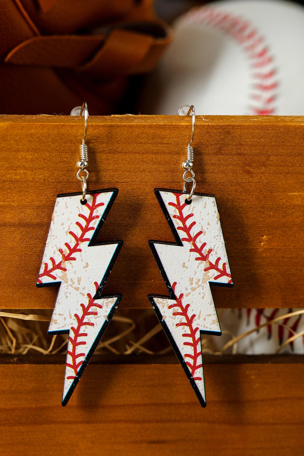 Wooden Lightning Baseball Earrings