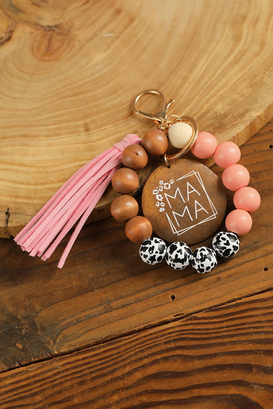 Pink MAMA Wooden Bead Keychain with Tassel