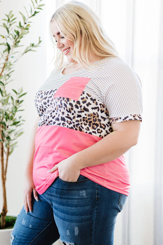 Pink Casual Leopard and Stripes Tee (Plus)