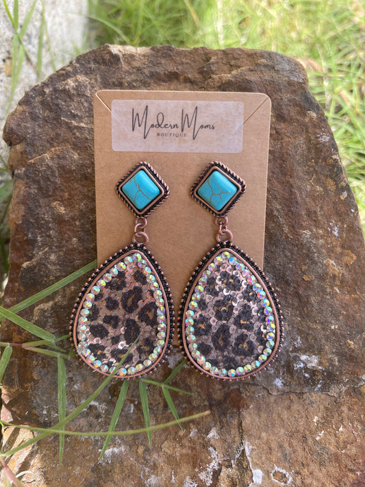 Dark Leopard Jeweled and Turquoise Earrings