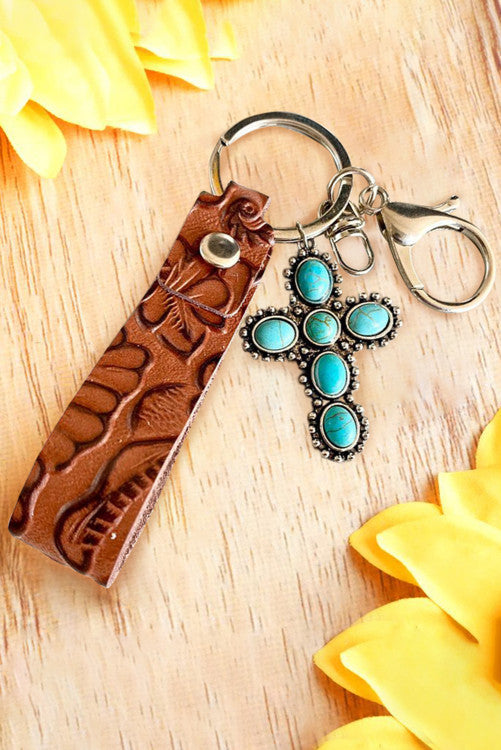 Leather and Turquoise Cross Keychain