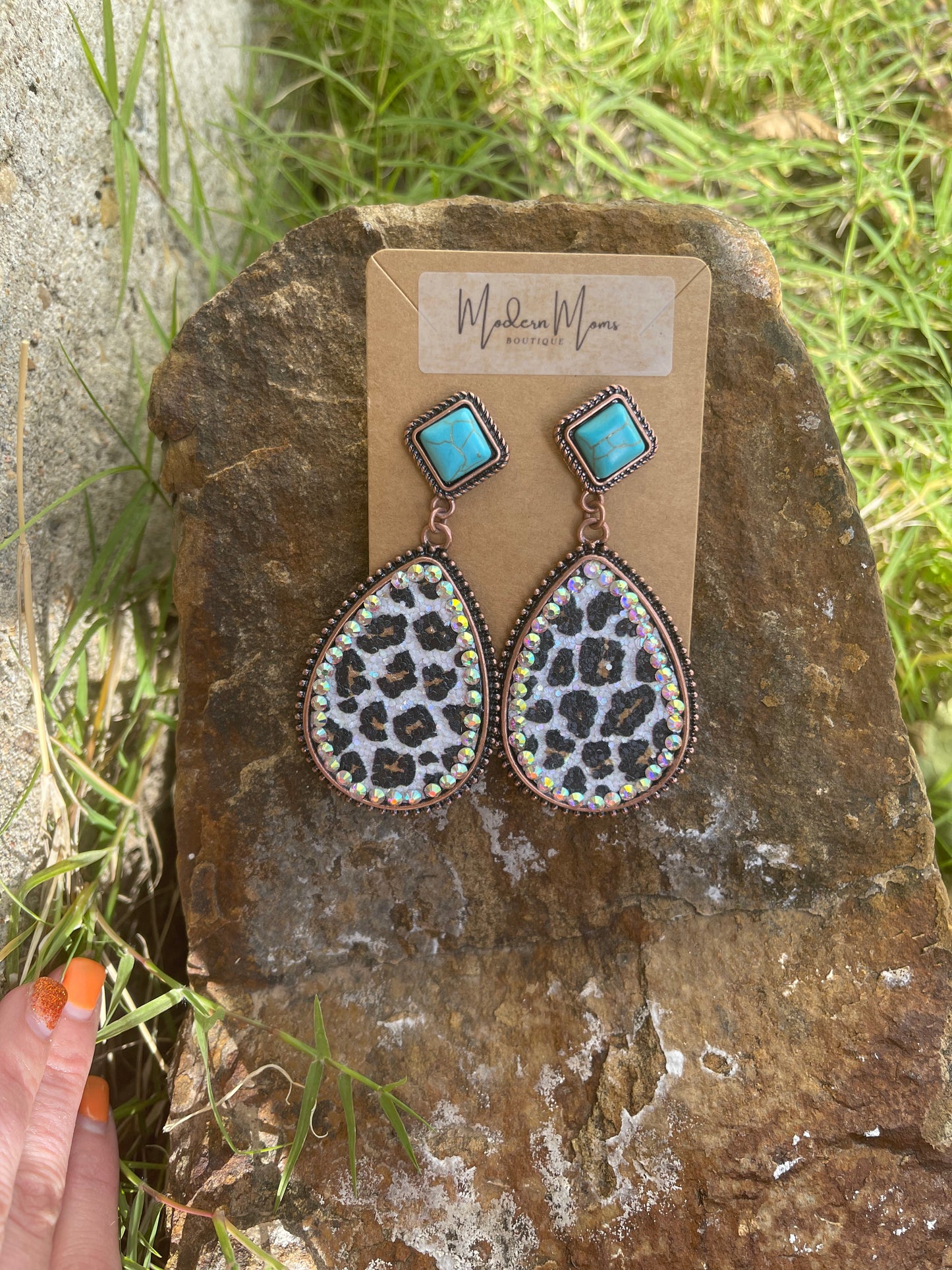 Light Leopard Jeweled and Turquoise Earrings